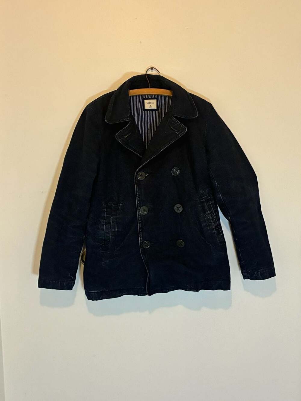 Gap 1969 Denim Peacoat Size M Blue Anchor Buttons Striped Lining